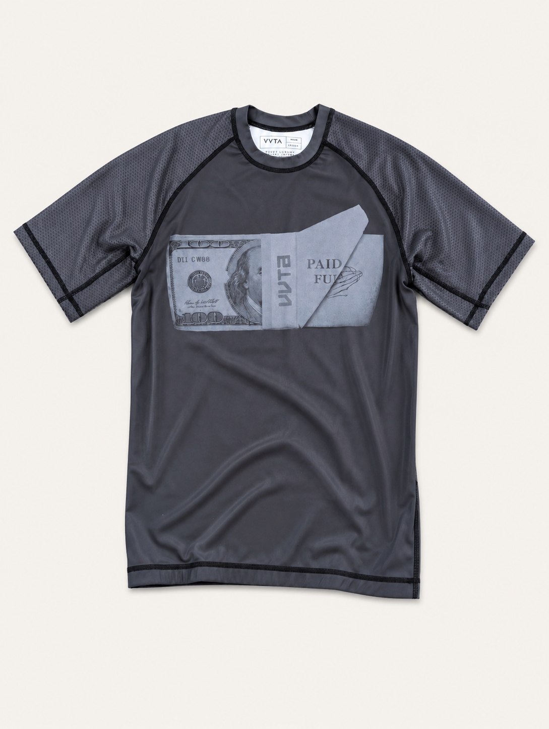 A dark gray short-sleeve athletic t-shirt with black trim and a graphic print on the chest depicting a dollar bill and the text 'PAID FOR'.